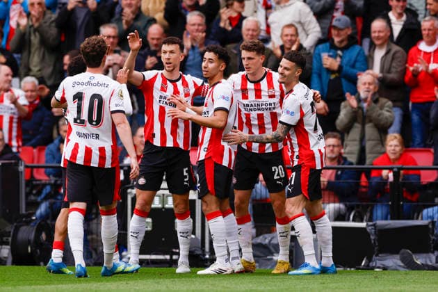 2026-05-17 PSV v FC Twente - Dutch Eredivisie EINDHOVEN, NETHERLANDS - MAY 17: Paul Wanner of PSV, Ivan Perisic of PSV, Anass Salah-Eddine of PSV, Guus Til of PSV celebrates after scoring his teams fourth goal, Dennis Man of PSV during the Dutch Eredivisie match between PSV and FC Twente at Philips Stadion on May 17, 2026 in Eindhoven, Netherlands. Eindhoven Philips Stadion Netherlands Content not available for redistribution in The Netherlands directly or indirectly through any third parties. Copyright: xBenxGalx