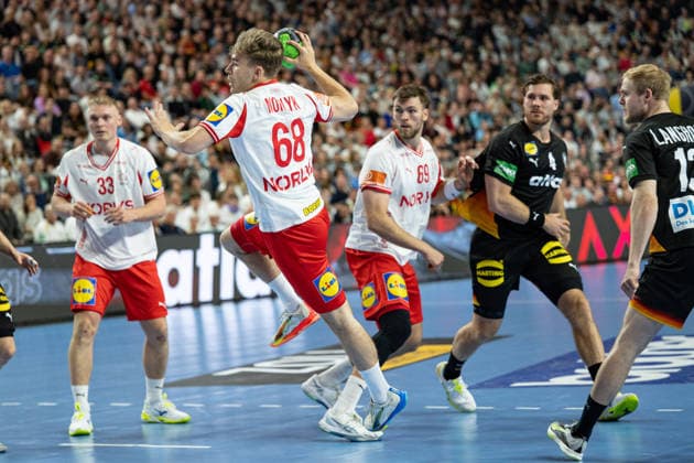 Mens Handball international match, Länderspiel, Nationalmannschaft Germany - Denmark. May 17, 2026 Emil Bergholt (Denmark, 33), Victor Norlyk (Denmark, 68), Steven Plucnar (Denmark, 69), Johannes Golla (Germany Deutschland, 4), Matthes Langhoff (Germany Deutschland, 13), ; Mens Handball International Match, Germany - Denmark. May 17, 2026 Copyright: xBEAUTIFULxSPORTS Erlhofx