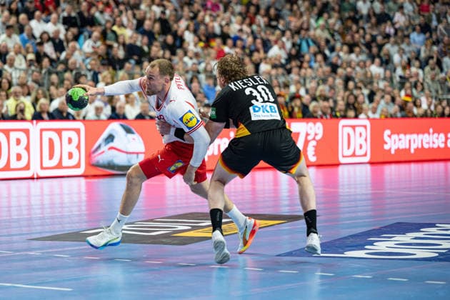 Mens Handball international match, Länderspiel, Nationalmannschaft Germany - Denmark. May 17, 2026 Simon Pytlick (Denmark, 43), Tom Kiesler (Germany Deutschland, 30), ; Mens Handball International Match, Germany - Denmark. May 17, 2026 Copyright: xBEAUTIFULxSPORTS Erlhofx