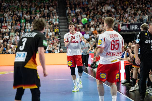 Mens Handball international match, Länderspiel, Nationalmannschaft Germany - Denmark. May 17, 2026 Nils Lichtlein (Germany Deutschland, 3), Lasse Moller (Denmark, 64), Frederik Bjerre (Denmark, 65), ; Mens Handball International Match, Germany - Denmark. May 17, 2026 Copyright: xBEAUTIFULxSPORTS Erlhofx