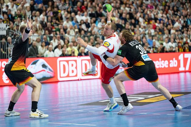 Mens Handball international match, Länderspiel, Nationalmannschaft Germany - Denmark. May 17, 2026 Justus Fischer (Germany Deutschland, 54), Simon Pytlick (Denmark, 43), Tom Kiesler (Germany Deutschland, 30), ; Mens Handball International Match, Germany - Denmark. May 17, 2026 Copyright: xBEAUTIFULxSPORTS Erlhofx