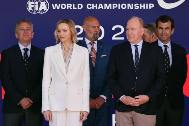 Charlene, Prinzessin von Monaco und Albert II, Prinz von Monaco beide lächelnd auf dem Podium zum FE Rennen 2, FIA Formel E Weltmeisterschaft Saison 12, Monaco E- Prix, MonteCarlo, MC, 17.05.2026, FE