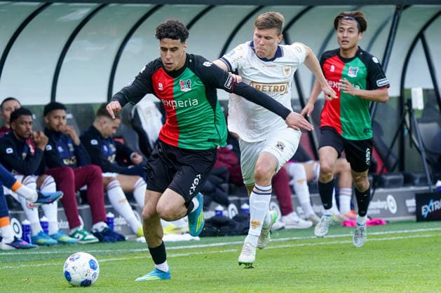 2026-05-17 N.E.C. Nijmegen v Go Ahead Eagles - Dutch Eredivisie NIJMEGEN, NETHERLANDS - MAY 17: Sami Ouaissa of NEC Nijmegen battles for possession with Alfons Sampsted of Go Ahead Eagles during a Dutch Eredivisie at Goffertstadion on May 17, 2026 in Nijmegen, Netherlands. Nijmegen Goffertstadion Netherlands Content not available for redistribution in The Netherlands directly or indirectly through any third parties. Copyright: xJeroenxMeuwsenx
