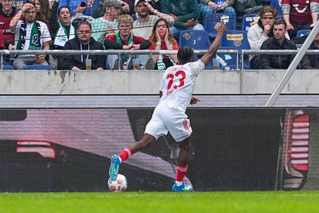 17.05.2026, xydrx, Herren, Fußball, 2.Bundesliga, Hannover 96 - 1.FC Nürnberg, Saison 2025 2026, Heinz von Heiden Arena: Torjubel nach dem Tor zum 2:2 für den 1.FC Nürnberg durch Torschütze Mohamed Ali Zoma (1.FC Nürnberg, 23) DFB regulations prohibit any use of photographs as image sequences and or quasi-video.