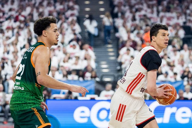 MUNICH, GERMANY - MAY 17: Vladimir Lucic (FC Bayern Muenchen, 11) controls the ball against Nolan Adekunle (Vet-Concept Gladiators Trier, 22) during the easyCredit Basketball Bundesliga Playoffs Quarterfinal Game 1 between FC Bayern Muenchen vs. Vet-Concept Gladiators Trier at SAP Garden on match 1 of the Playoffs Quarterfinals Best of Five of easyCredit Basketball Bundesliga on May 17, 2026 in Munich, Germany. Bavaria Germany Copyright: xSteffiexWunderlx