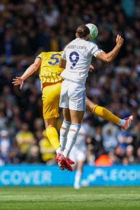 17th May 2026; Elland Road, Leeds, Yorkshire, England; Premier League Football, Leeds United versus Brighton and Hove Albion; Dominic Calvert-Lewin of Leeds United and Lewis Dunk of Brighton and Hove Albion challenging for the ball AidanxHunter