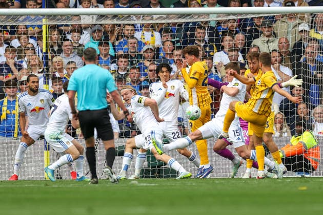 17th May 2026; Elland Road, Leeds, Yorkshire, England; Premier League Football, Leeds United versus Brighton and Hove Albion; Joel Veltman of Brighton and Hove Albion has his shot blocked by a group of Leeds United players AidanxHunter