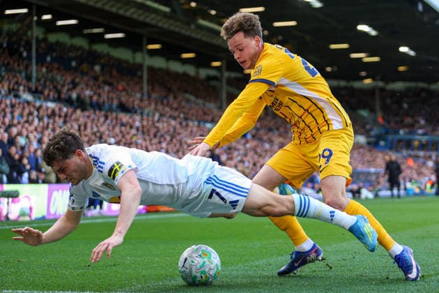 17th May 2026; Elland Road, Leeds, Yorkshire, England; Premier League Football, Leeds United versus Brighton and Hove Albion; Daniel James of Leeds United goes down after being pushed by Maxim De Cuyper of Brighton and Hove Albion AidanxHunter