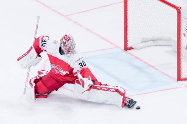 FRIBOURG, SWITZERLAND - MAY 17: goalkeeper Mads Sogaard of Denmark saves during the 2026 IIHF Ice hockey, Eishockey World Championship, WM, Weltmeisterschaft Switzerland game between Denmark and Sweden at BCF Arena on May 17, 2026 in Fribourg, Fribourg. Fribourg BCF Arena Fribourg Switzerland Copyright: xJustPictures.ch JarixPestelaccix jp-en-EuSpIm-JP6_JAR_Denmark_Sweden_17May2026_00028