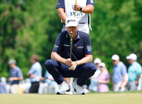Taylor Pendrith of Canada lines up a putt on the 3rd green during the final round of the 2026 PGA, Golf Herren Championship at Aronimink Golf Club in Newtown Square, Pennsylvania, on Sunday, May 17, 2026.  PHI20260517807 LAURENCExKESTERSON