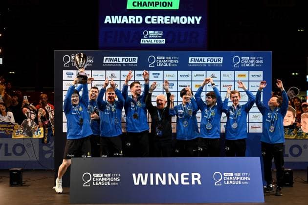 TT CL Hylo Final 4 Finale 1. FC Saarbrücken TT - Alliance Nimes - Montpellier am 17.05.2026 in der Saarlandhalle in Saarbrücken Die CL Sieger, die Mannschaft von Saarbrücken bei der Siegerehrung.