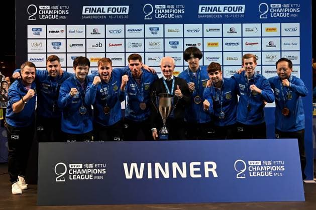 TT CL Hylo Final 4 Finale 1. FC Saarbrücken TT - Alliance Nimes - Montpellier am 17.05.2026 in der Saarlandhalle in Saarbrücken Die CL Sieger, die Mannschaft von Saarbrücken bei der Siegerehrung.