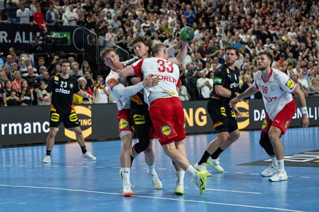 Mens Handball international match, Länderspiel, Nationalmannschaft Germany - Denmark. May 17, 2026 Nils Lichtlein (Germany Deutschland, 3), Emil Bergholt (Denmark, 33), Johannes Golla (Germany Deutschland, 4), Steven Plucnar (Denmark, 69), ; Mens Handball International Match, Germany - Denmark. May 17, 2026 Copyright: xBEAUTIFULxSPORTS Erlhofx