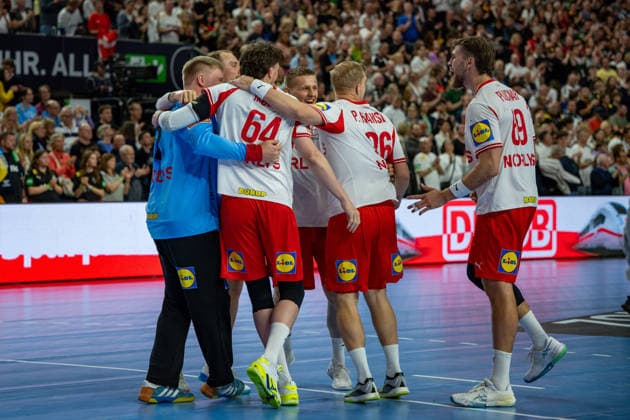Mens Handball international match, Länderspiel, Nationalmannschaft Germany - Denmark. May 17, 2026 Emil Nielsen (Denmark, 12), Lasse Moller (Denmark, 64), Steven Plucnar (Denmark, 69), ; Mens Handball International Match, Germany - Denmark. May 17, 2026 Copyright: xBEAUTIFULxSPORTS Erlhofx