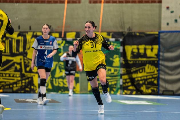 HSG Blomberg-Lippe (GER) vs. Borussia Dortmund (GER) Handball, 1. Handball Bundesliga Frauen, Finale, Spiel 1, 17.5.2026, Saision 2025 2026, Dortmund Kelly Vollebregt (Borussia Dortmund, 31) jubelt nach einem Tor Dortmund Sporthalle Wellinghofen Deutschland