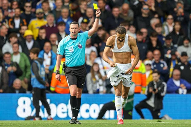 17th May 2026; Elland Road, Leeds, Yorkshire, England; Premier League Football, Leeds United versus Brighton and Hove Albion; Dominic Calvert-Lewin of Leeds United receives a yellow card for taking his shirt off during celebrations AidanxHunter