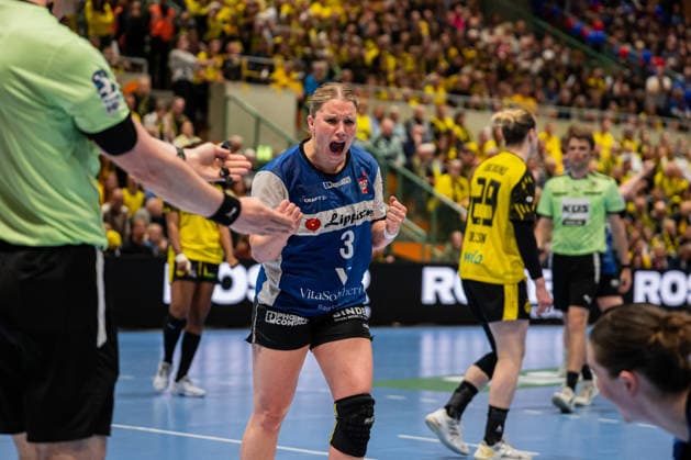 HSG Blomberg-Lippe (GER) vs. Borussia Dortmund (GER) Handball, 1. Handball Bundesliga Frauen, Finale, Spiel 1, 17.5.2026, Saision 2025 2026, Dortmund Laura Rueffieux (HSG Blomberg-Lippe, 03) jubelt ueber einen 7-Meter Dortmund Sporthalle Wellinghofen Deutschland