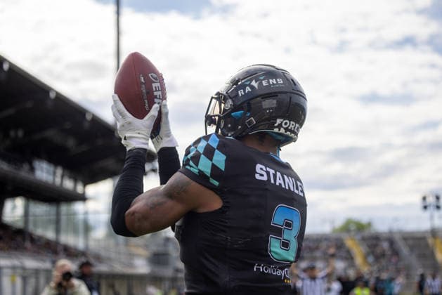 Malik Stanley (Munich Ravens, 03) Jubel, Celebration, Freude, Emotion, Feier Munich Ravens vs Raiders Tirol, American Football, European Football Alliance (EFA), Week 1, 2026, 17.05.2026, Munich Grünwalder Stadion Munich Germany Copyright: xFootxBowl BjörnxKeckerx