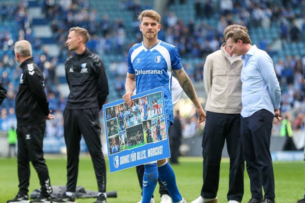 17.05.2026, xgox, Fussball - 2.Bundesliga 1.FC Magdeburg - 1.FC Kaiserslautern emspor, v.l. Marcus Mathisen (Magdeburg, 16) verlässt den Club, verabschiedet, Verabschiedung (DFL DFB REGULATIONS PROHIBIT ANY USE OF PHOTOGRAPHS as IMAGE SEQUENCES and or QUASI-VIDEO) Magdeburg