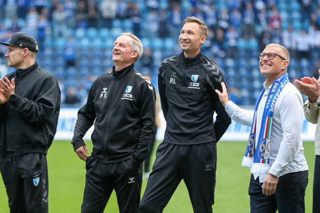17.05.2026, xgox, Fussball - 2.Bundesliga 1.FC Magdeburg - 1.FC Kaiserslautern emspor, v.l. Petrik Sander (Magdeburg, Trainer) und Pascal Ibold (Magdeburg, Trainer) (DFL DFB REGULATIONS PROHIBIT ANY USE OF PHOTOGRAPHS as IMAGE SEQUENCES and or QUASI-VIDEO) Magdeburg
