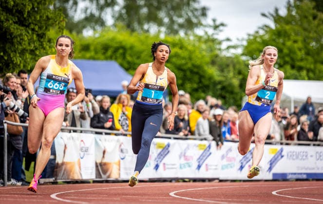 35. Internationales Läufermeeting; Pliezhausen, 17.05.2026 Unterwegs im 150m-Sprint der Frauen (von links): Rosina Schneider (GER TV Sulz), Malaika Mihambo (GER LG Kurpfalz) und Sina Mayer (GER LAZ Zweibrücken); 35. Internationales Läufermeeting am 17.05.2026 im Schönbuchstadion in Pliezhausen (Baden-Württemberg). Copyright: xBEAUTIFULxSPORTS R.xSchmittx