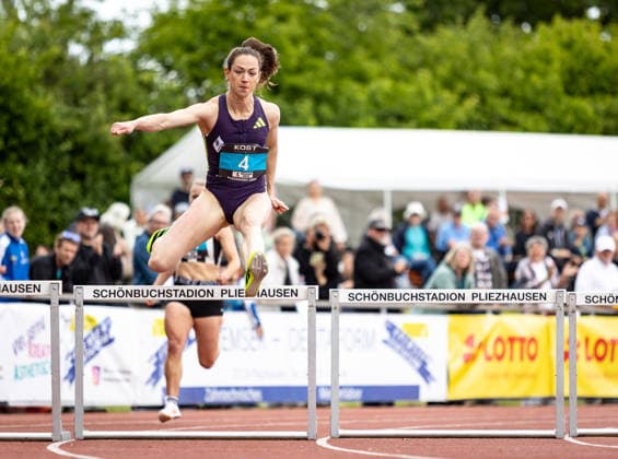 35. Internationales Läufermeeting; Pliezhausen, 17.05.2026 Eileen Demes (GER TV 1861 Neu-Isenburg) im 300m-Hürdenrennen der Frauen; 35. Internationales Läufermeeting am 17.05.2026 im Schönbuchstadion in Pliezhausen (Baden-Württemberg). Copyright: xBEAUTIFULxSPORTS R.xSchmittx