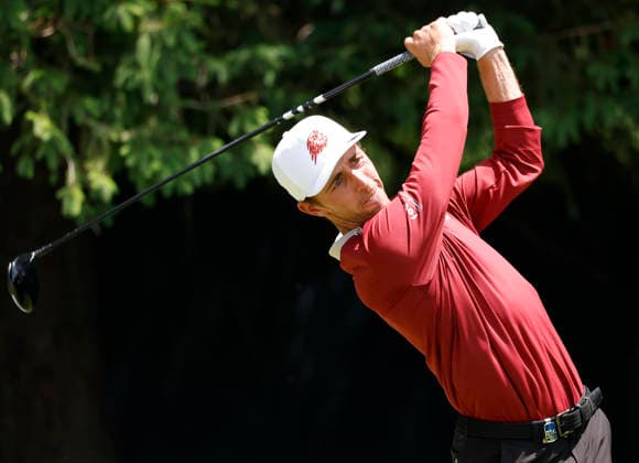 David Puig of Spain tees off on the 4th hole during the final round of the 2026 PGA, Golf Herren Championship at Aronimink Golf Club in Newtown Square, Pennsylvania, on Sunday, May 17, 2026.  PHI20260517819 LAURENCExKESTERSON