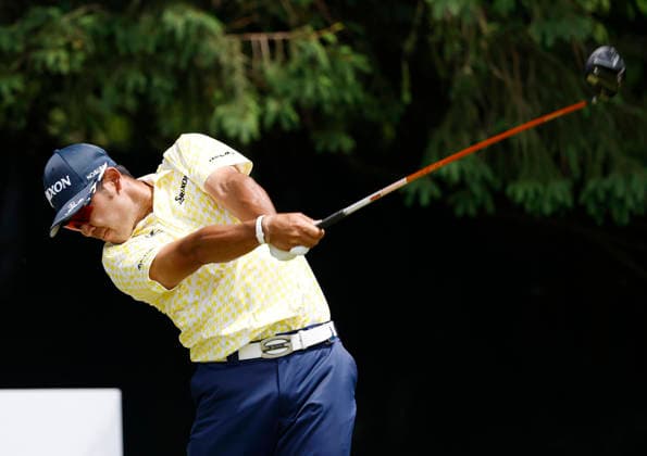 Hideki Matsuyama of Japan tees off on the 4th hole during the final round of the 2026 PGA, Golf Herren Championship at Aronimink Golf Club in Newtown Square, Pennsylvania, on Sunday, May 17, 2026.  PHI20260517828 LAURENCExKESTERSON