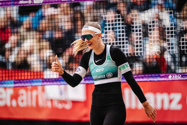 Beachvolleyball Frauen Allianz German Beach Tour 2026 Tourstop Düsseldorf 17.05.2026 Sandra Ittlinger freut sich Düsseldorf Robert-Lehr-Ufer Nordrhein-Westfalen Deutschland