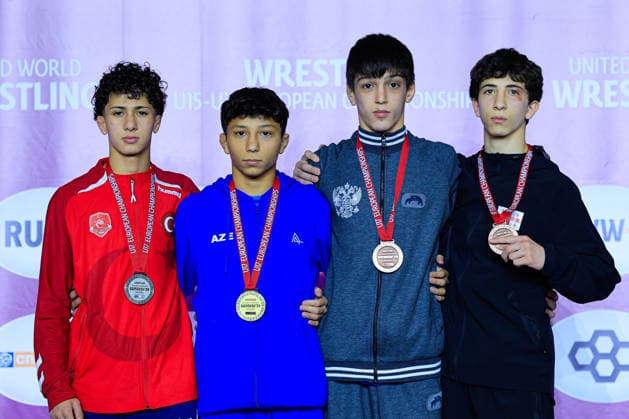 U17, U 17 Wrestling European Championships Podium 51kg FS - Gold: Ibrahim Hasanov (AZE), Silver: Muhammed Golha (TUR), Bronze: Khalid Songurbekov (RUS), Giorgi Narimanidze (GEO) Samokov Arena Samokov Bulgaria