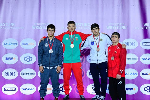 U17, U 17 Wrestling European Championships Podium 71kg FS - Gold: Nikolay Stoykov Iliev (BUL), Silver: Artem Ananian (RUS), Bronze: Cemal Yigit Purcu (TUR), Avetik Tutkhalyan (ARM)