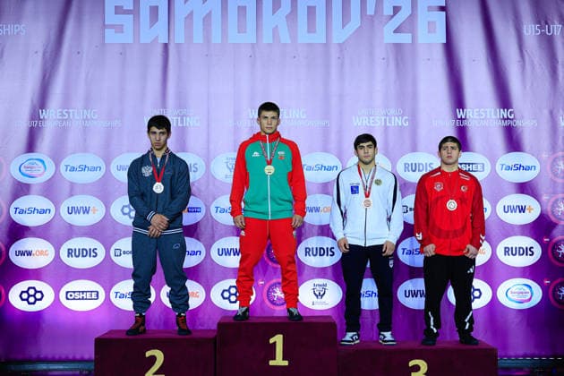 U17, U 17 Wrestling European Championships Podium 71kg FS - Gold: Nikolay Stoykov Iliev (BUL), Silver: Artem Ananian (RUS), Bronze: Cemal Yigit Purcu (TUR), Avetik Tutkhalyan (ARM)