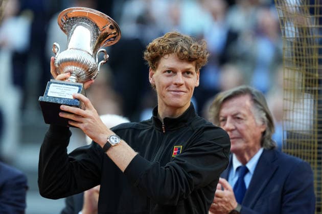 Jannik Sinner of Italy lifts the tropy as he celebrates the victory of the Internazionali BNL d Italia 2026 tennis tournament at Foro Italico in Rome (Italy) on May, 17, 2026. AntoniettaxBaldassarre