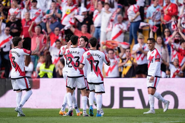May 17, 2026, Madrid, Madrid, Spain: Sergio Camello of Rayo Vallecano celebrates a goal with teammates during the Spanish League, LaLiga EA Sports, football match played between Rayo Vallecano and Villarreal CF at Estadio de Vallecas on May 17, 2026, in Madrid, Spain. Madrid Spain - ZUMAa181 20260517_zaa_a181_163 Copyright: xDennisxAgyemanx