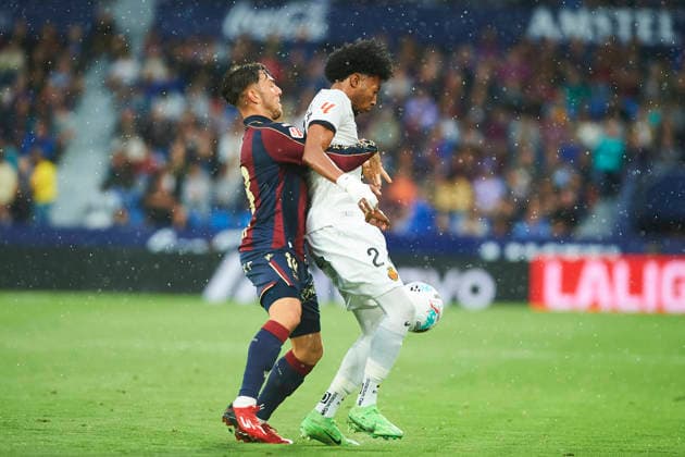Iker Losada (Levante UD) and Johan Mojica (RCD Mallorca) during the LaLiga EA Sports match between Levante UD and RCD Mallorca at Ciudad de Valencia on May 17, 2026 in Valencia, Spain. (Photo by Maria Jose Segovia DeFodi Images) -