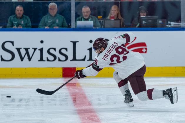 ZURICH, SWITZERLAND - MAY 17: Ralfs Freibergs (Latvia, 29) during build-up play during the Preliminary Round - Group A Match 15 between Germany and Latvia at the IIHF Ice hockey, Eishockey World Championship, WM, Weltmeisterschaft 2026, Swiss Life Arena on May 17, 2026 in Zurich, Switzerland. Zurich Switzerland Copyright: xTimoxSteinx