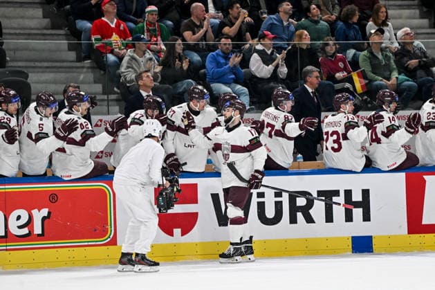 ZURICH, SWITZERLAND - MAY 17: Martins Dzierkals of Latvia celebrates his goal during the 2026 IIHF Ice hockey, Eishockey World Championship, WM, Weltmeisterschaft Switzerland game between Germany and Latvia at Swiss Life Arena on May 17, 2026 in Zurich, Zurich. Zurich Swiss Life Arena Zurich Switzerland Copyright: xJustPictures.ch AndreaxBrancax jp-en-EuSpIm-JP7_ANB_Ger_Lat_17052026_7140