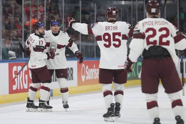 17.05.2026 Swiss Life Arena Zuerich , SCHWEIZ, Herren IIHF World Championship, WM, Weltmeisterschaft Zurich 2026 Gruppe A Deutschland - Lettland Torjubel vl. Martins Dzierkals, Kristofers Bindulin, Oskars Batna und Toms Andersons (LAT)