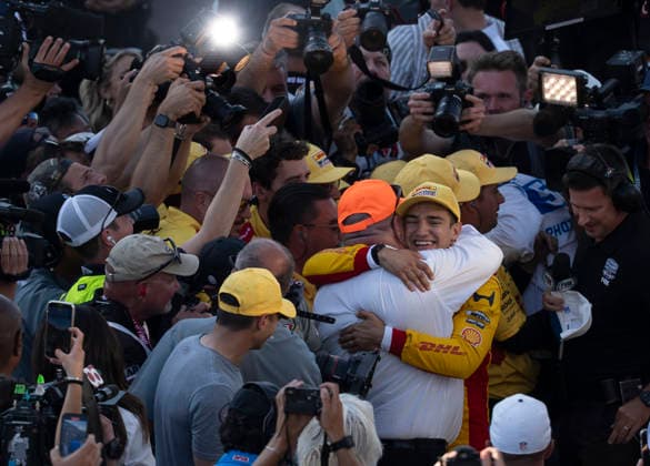May 17, 2026, Speedway, Indiana, USA: Alex Palou (Spain), driver of the 10 Chip Ganassi Honda, hugs team owner Chip Ganassi, and celebrates after capturing the pole position for the Indy 500 with a four lap average speed of 232.248 mph at the Indianapolis Motor Speedway. IndyCar, Indy Car, IRL, USA - Indy 500 Qualifying. - ZUMAd212 20260517_zsp_d212_012 Copyright: xRichardxDolex