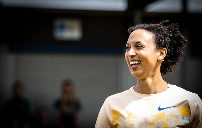 35. Internationales Läufermeeting; Pliezhausen, 17.05.2026 Vorfreude: Malaika Mihambo (GER LG Kurpfalz) bei der Athletenvorstellung; 35. Internationales Läufermeeting am 17.05.2026 im Schönbuchstadion in Pliezhausen (Baden-Württemberg). Copyright: xBEAUTIFULxSPORTS R.xSchmittx