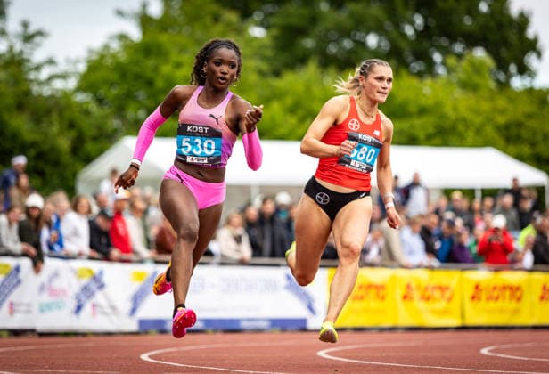35. Internationales Läufermeeting; Pliezhausen, 17.05.2026 Daryl Ndasi (GER Munich Athletics) und Franziska Schuster (GER TSV Bayer 04 Leverkusen) im 150m-Sprint der Frauen; 35. Internationales Läufermeeting am 17.05.2026 im Schönbuchstadion in Pliezhausen (Baden-Württemberg). Copyright: xBEAUTIFULxSPORTS R.xSchmittx
