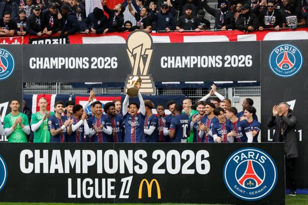 (260518) -- PARIS, May 18, 2026 -- PSG s players celebrate at the awarding ceremony for the Champions 2026 Ligue 1 prior to the Ligue 1 football match between Paris FC and Paris Saint-Germain (PSG) in Paris, France, May 17, 2026. (Photo by Xinhua) (SP)FRANCE-PARIS-FOOTBALL-LIGUE 1-PARIS FC VS PSG HenrixSzwarc 