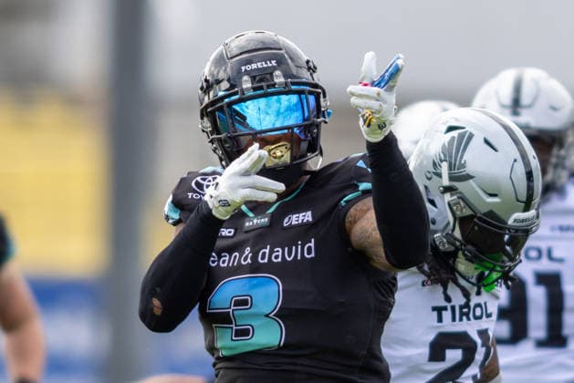 Malik Stanley (Munich Ravens, 03) Jubel, Celebration, Freude, Emotion, Feier Munich Ravens vs Raiders Tirol, American Football, European Football Alliance (EFA), Week 1, 2026, 17.05.2026, Munich Grünwalder Stadion Munich Germany Copyright: xFootxBowl BjörnxKeckerx