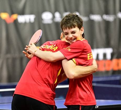 RECORD DATE NOT STATED 12 year old Ladimir Mayorov with Albert Virardell from Spain goes to the semi final from Spain at WTT Feeder Lagos in Portugal. 12 year old Ladimir Mayorov with Albert Virardell from Spain reach surprisingly the semi final in Mens Double the WTT Feeder in Lagos, Portugal, on May 18, 2026. Lagos, Portugal Hessen Portugal
