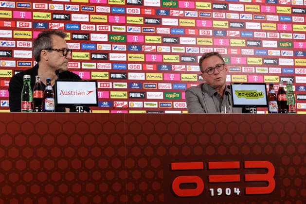 SOCCER - OEFB, PK, squad nomination VIENNA,AUSTRIA,18.MAY.26 - SOCCER - OEFB, Oesterreichischer Fussball-Bund, preview, press conference, PK, Pressekonferenz squad nomination. Image shows press officer Thomas Trukesitz and head coach Ralf Rangnick (AUT).  GEPAxpictures xArminxRauthner