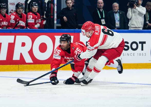 260518 Darnell Nurse of Canada and Oliver Kjaer of Denmark during the 2026 IIHF Ice hockey, Eishockey World Championship, WM, Weltmeisterschaft match between Canada and Denmark on May 18, 2026 in Fribourg. Photo: Jesper Zerman BILDBYRAN kod JZ JZ0718 ishockey ice hockey ishockey-vm 2026 vm 2026 iihf world championship kanada canada danmark denmark canada kanada bbeng danmark denmark Copyright: JESPERxZERMAN BB260518JZ074