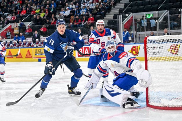 ZURICH, SWITZERLAND - MAY 18: Jesse Puljujarvi of Finland in action against goalkeeper Joseph Woll of United States and Justin Faulk of United States during the 2026 IIHF Ice hockey, Eishockey World Championship, WM, Weltmeisterschaft Switzerland game between Finland and USA at Swiss Life Arena on May 18, 2026 in Zurich, Zurich. Zurich Swiss Life Arena Zurich Switzerland Copyright: xJustPictures.ch AndreaxBrancax jp-en-EuSpIm-JP7_ANB_Fin_USA_18052026_8456