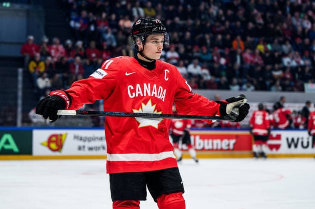 260518 Macklin Celebrini of Canada during the 2026 IIHF Ice hockey, Eishockey World Championship, WM, Weltmeisterschaft match between Canada and Denmark on May 18, 2026 in Fribourg. Photo: Jesper Zerman BILDBYRAN kod JZ JZ0718 ishockey ice hockey ishockey-vm 2026 vm 2026 iihf world championship kanada canada danmark denmark canada kanada bbeng danmark denmark Copyright: JESPERxZERMAN BB260518JZ076