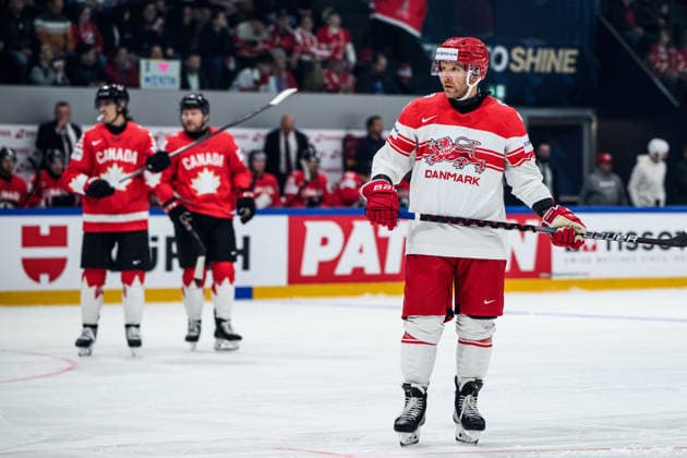 260518 Frederik Storm of Denmark during the 2026 IIHF Ice hockey, Eishockey World Championship, WM, Weltmeisterschaft match between Canada and Denmark on May 18, 2026 in Fribourg. Photo: Jesper Zerman BILDBYRAN kod JZ JZ0718 ishockey ice hockey ishockey-vm 2026 vm 2026 iihf world championship kanada canada danmark denmark canada kanada bbeng danmark denmark Copyright: JESPERxZERMAN BB260518JZ081