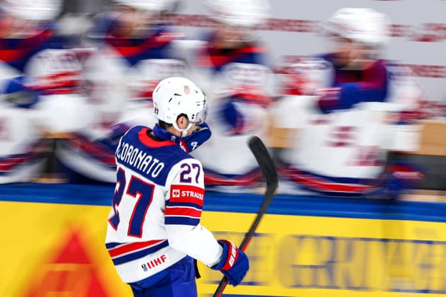 Ice hockey, Eishockey - IIHF WC 2026 ZURICH,SWITZERLAND,18.MAY.26 - ICE HOCKEY - IIHF Ice Hockey World Championship, WM, Weltmeisterschaft 2026, group stage, Finland vs USA. Image shows the rejoicing of Matt Coronato (USA).  GEPAxpictures xMaticxKlansek